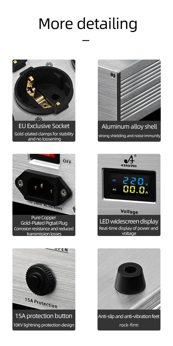 Planet Gates Silver AC-8 Hi-end EU Hifi Power Filter for Standard EU Socket Noise-free Audio Purifier Filter Power Conditioner with EU Outlets Strip