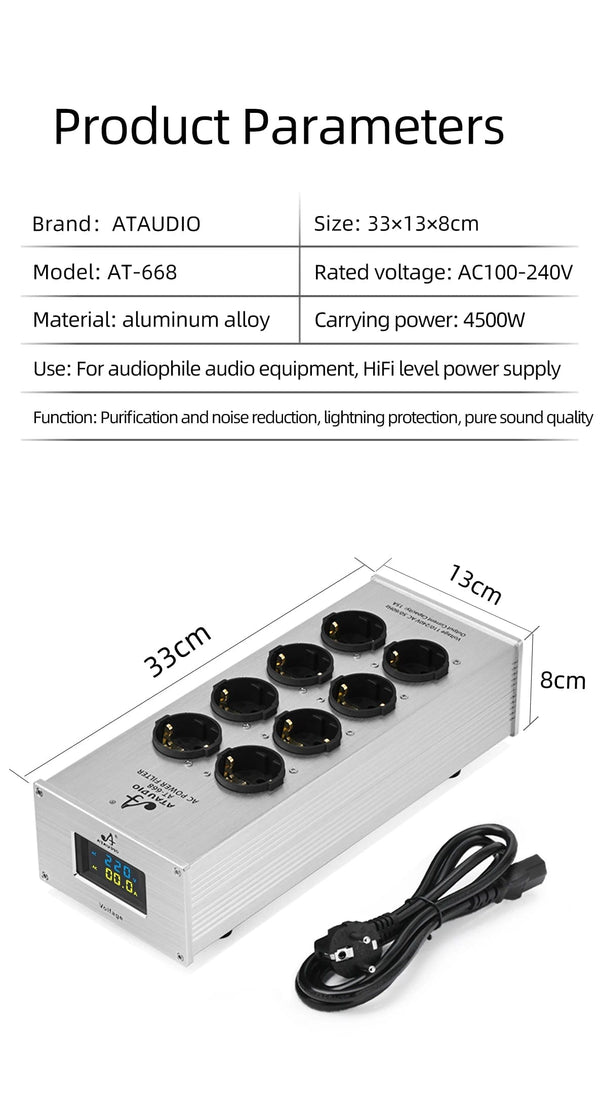Planet Gates Silver AC-8 Hi-end EU Hifi Power Filter for Standard EU Socket Noise-free Audio Purifier Filter Power Conditioner with EU Outlets Strip