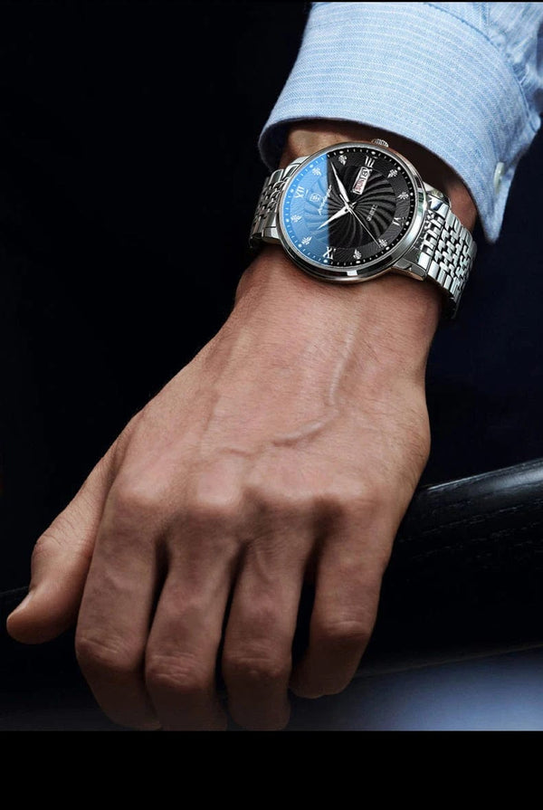 Planet Gates Silver Black 2024 New Top Brand Luxury Mens Watches Luminous Waterproof Stainless Steel Watch Quartz Men Date Calendar Business Wristwatch