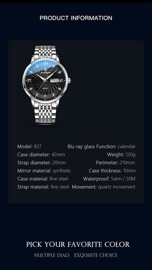 Planet Gates Silver Black 2024 New Top Brand Luxury Mens Watches Luminous Waterproof Stainless Steel Watch Quartz Men Date Calendar Business Wristwatch