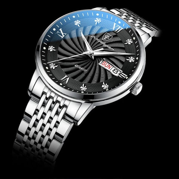 Planet Gates Silver Black 2024 New Top Brand Luxury Mens Watches Luminous Waterproof Stainless Steel Watch Quartz Men Date Calendar Business Wristwatch