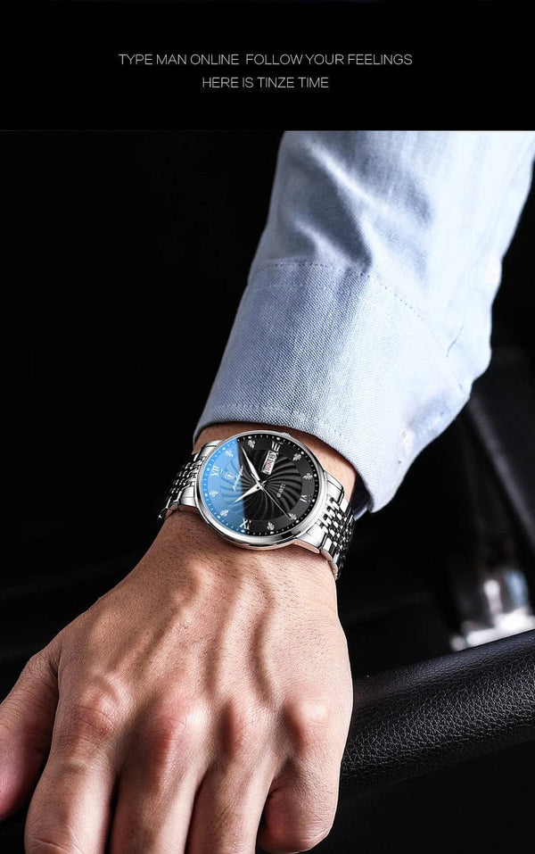 Planet Gates Silver Black 2024 New Top Brand Luxury Mens Watches Luminous Waterproof Stainless Steel Watch Quartz Men Date Calendar Business Wristwatch