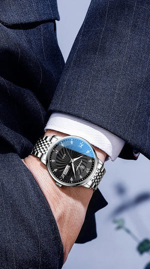 Planet Gates Silver Black 2024 New Top Brand Luxury Mens Watches Luminous Waterproof Stainless Steel Watch Quartz Men Date Calendar Business Wristwatch