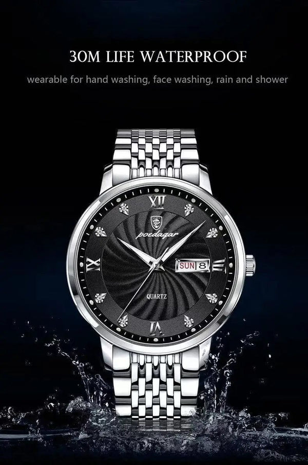 Planet Gates Silver Black 2024 New Top Brand Luxury Mens Watches Luminous Waterproof Stainless Steel Watch Quartz Men Date Calendar Business Wristwatch