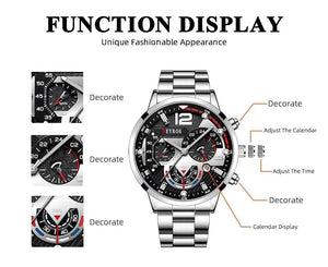 Planet Gates Silver Black Fashion Mens Watches Luxury Stainless Steel Quartz Wristwatch Calendar Luminous Clock Men Business Casual Watch Reloj Hombre