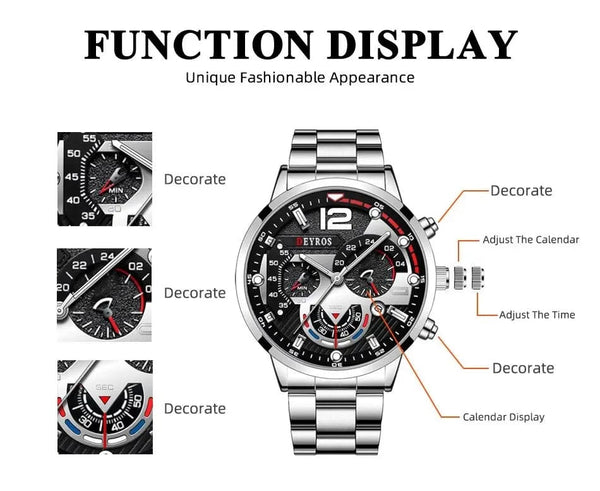 Planet Gates Silver Black Fashion Mens Watches Luxury Stainless Steel Quartz Wristwatch Calendar Luminous Clock Men Business Casual Watch Reloj Hombre