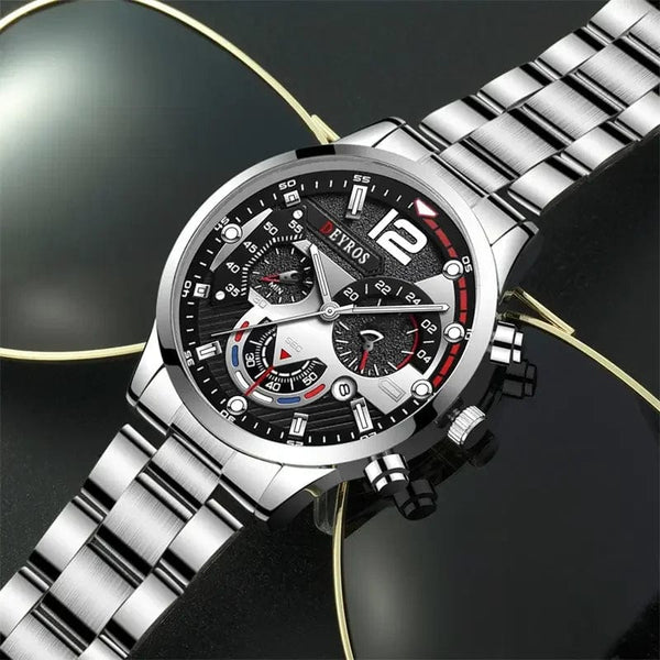 Planet Gates Silver Black Fashion Mens Watches Luxury Stainless Steel Quartz Wristwatch Calendar Luminous Clock Men Business Casual Watch Reloj Hombre