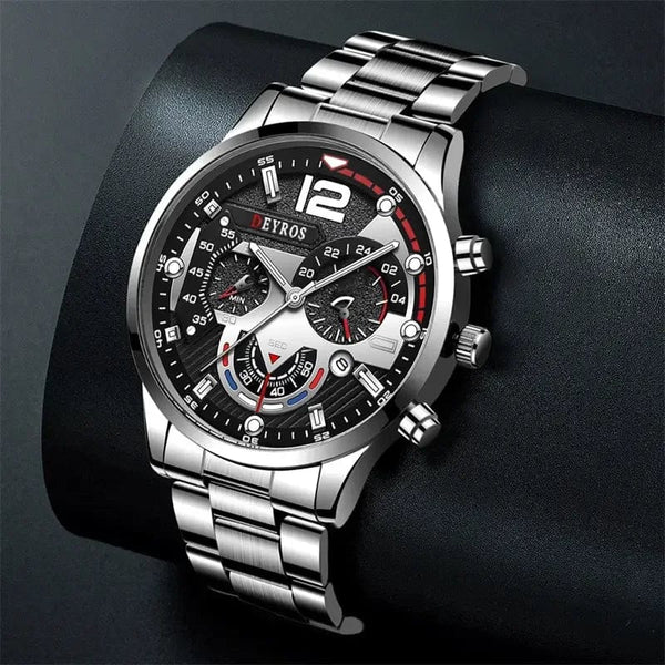Planet Gates Silver Black Fashion Mens Watches Luxury Stainless Steel Quartz Wristwatch Calendar Luminous Clock Men Business Casual Watch Reloj Hombre