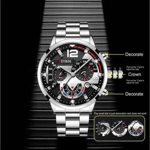 Planet Gates Silver Black Fashion Mens Watches Luxury Stainless Steel Quartz Wristwatch Calendar Luminous Clock Men Business Casual Watch Reloj Hombre