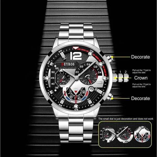 Planet Gates Silver Black Fashion Mens Watches Luxury Stainless Steel Quartz Wristwatch Calendar Luminous Clock Men Business Casual Watch Reloj Hombre