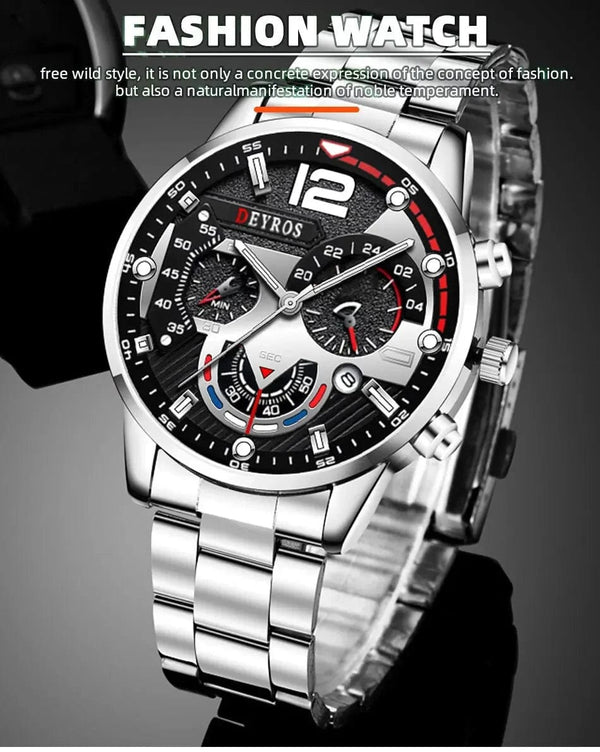 Planet Gates Silver Black Fashion Mens Watches Luxury Stainless Steel Quartz Wristwatch Calendar Luminous Clock Men Business Casual Watch Reloj Hombre