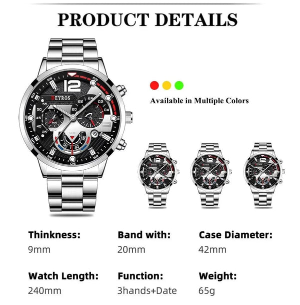 Planet Gates Silver Black Fashion Mens Watches Luxury Stainless Steel Quartz Wristwatch Calendar Luminous Clock Men Business Casual Watch Reloj Hombre