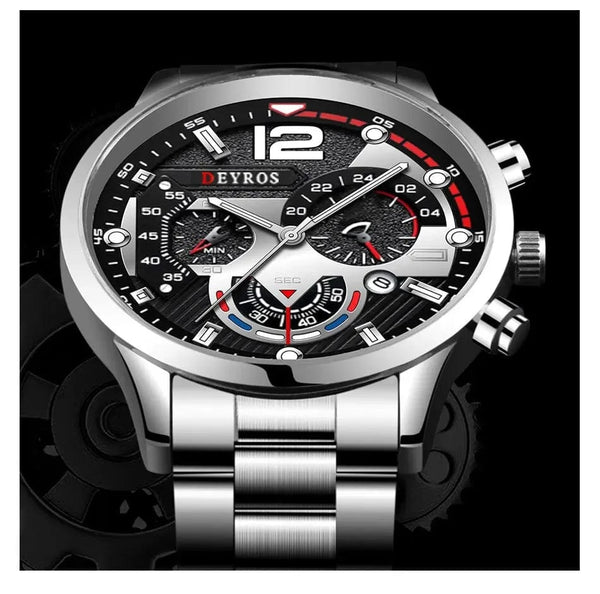 Planet Gates Silver Black Fashion Mens Watches Luxury Stainless Steel Quartz Wristwatch Calendar Luminous Clock Men Business Casual Watch Reloj Hombre