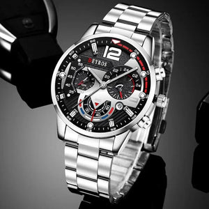 Planet Gates Silver Black Fashion Mens Watches Luxury Stainless Steel Quartz Wristwatch Calendar Luminous Clock Men Business Casual Watch Reloj Hombre