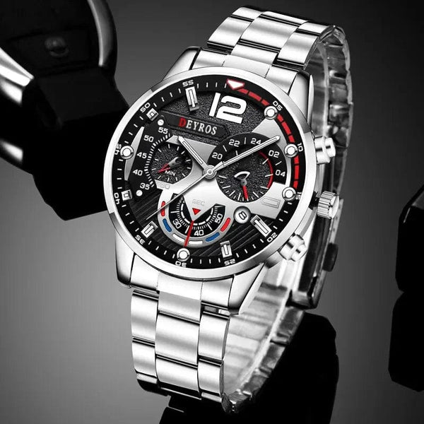 Planet Gates Silver Black Fashion Mens Watches Luxury Stainless Steel Quartz Wristwatch Calendar Luminous Clock Men Business Casual Watch Reloj Hombre