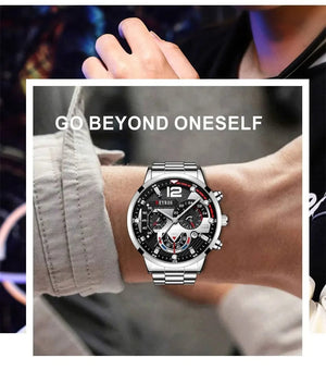 Planet Gates Silver Black Fashion Mens Watches Luxury Stainless Steel Quartz Wristwatch Calendar Luminous Clock Men Business Casual Watch Reloj Hombre