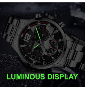 Planet Gates Silver Black Fashion Mens Watches Luxury Stainless Steel Quartz Wristwatch Calendar Luminous Clock Men Business Casual Watch Reloj Hombre