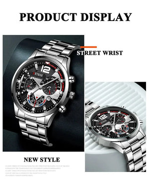 Planet Gates Silver Black Fashion Mens Watches Luxury Stainless Steel Quartz Wristwatch Calendar Luminous Clock Men Business Casual Watch Reloj Hombre