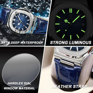 Planet Gates Silver Blue L POEDAGAR Luxury Man Wristwatch Waterproof Luminous Date Leather Men's Watches Sports Square Men Watch Casual Quartz Male Clocks