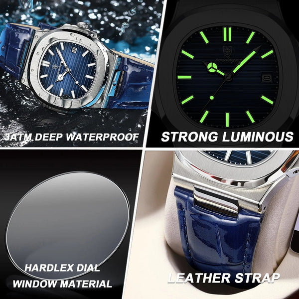 Planet Gates Silver Blue L POEDAGAR Luxury Man Wristwatch Waterproof Luminous Date Leather Men's Watches Sports Square Men Watch Casual Quartz Male Clocks
