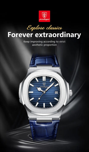 Planet Gates Silver Blue L POEDAGAR Luxury Man Wristwatch Waterproof Luminous Date Leather Men's Watches Sports Square Men Watch Casual Quartz Male Clocks