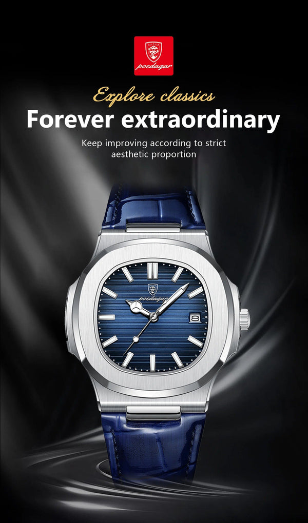 Planet Gates Silver Blue L POEDAGAR Luxury Man Wristwatch Waterproof Luminous Date Leather Men's Watches Sports Square Men Watch Casual Quartz Male Clocks