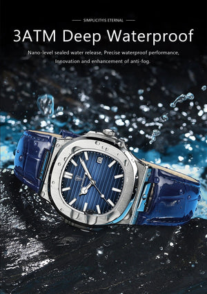 Planet Gates Silver Blue L POEDAGAR Luxury Man Wristwatch Waterproof Luminous Date Leather Men's Watches Sports Square Men Watch Casual Quartz Male Clocks