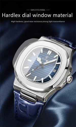 Planet Gates Silver Blue L POEDAGAR Luxury Man Wristwatch Waterproof Luminous Date Leather Men's Watches Sports Square Men Watch Casual Quartz Male Clocks