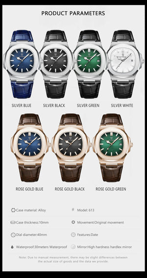 Planet Gates Silver Blue L POEDAGAR Luxury Man Wristwatch Waterproof Luminous Date Leather Men's Watches Sports Square Men Watch Casual Quartz Male Clocks