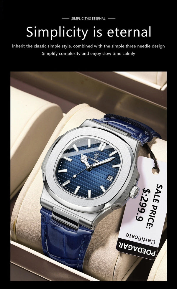 Planet Gates Silver Blue L POEDAGAR Luxury Man Wristwatch Waterproof Luminous Date Leather Men's Watches Sports Square Men Watch Casual Quartz Male Clocks