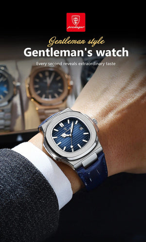Planet Gates Silver Blue L POEDAGAR Luxury Man Wristwatch Waterproof Luminous Date Leather Men's Watches Sports Square Men Watch Casual Quartz Male Clocks
