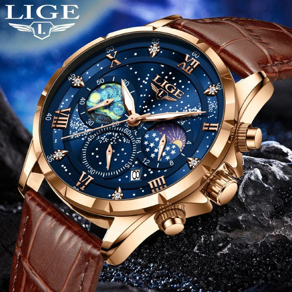 Planet Gates Silver blue LIGE Men Watches Casual Sport Watch Men Luxury Waterproof Date Watches Luminous Chronograph Wristwatch Male Quartz Leather Clock