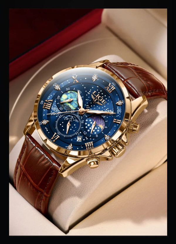 Planet Gates Silver blue LIGE Men Watches Casual Sport Watch Men Luxury Waterproof Date Watches Luminous Chronograph Wristwatch Male Quartz Leather Clock