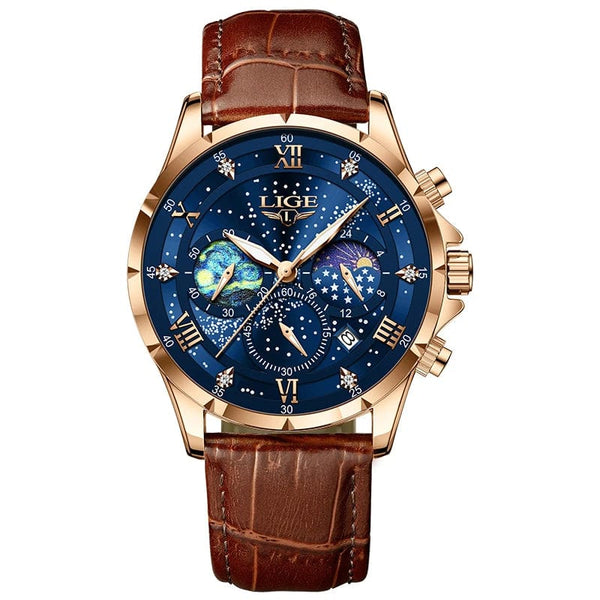 Planet Gates Silver blue LIGE Men Watches Casual Sport Watch Men Luxury Waterproof Date Watches Luminous Chronograph Wristwatch Male Quartz Leather Clock