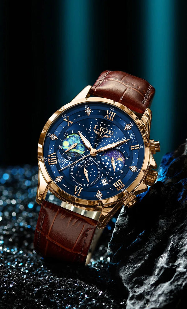 Planet Gates Silver blue LIGE Men Watches Casual Sport Watch Men Luxury Waterproof Date Watches Luminous Chronograph Wristwatch Male Quartz Leather Clock