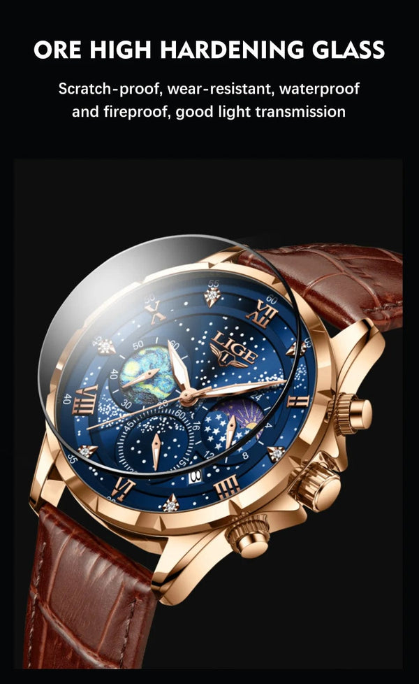 Planet Gates Silver blue LIGE Men Watches Casual Sport Watch Men Luxury Waterproof Date Watches Luminous Chronograph Wristwatch Male Quartz Leather Clock