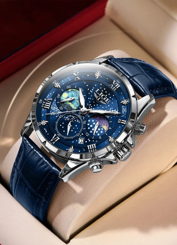 Planet Gates Silver blue LIGE Men Watches Casual Sport Watch Men Luxury Waterproof Date Watches Luminous Chronograph Wristwatch Male Quartz Leather Clock