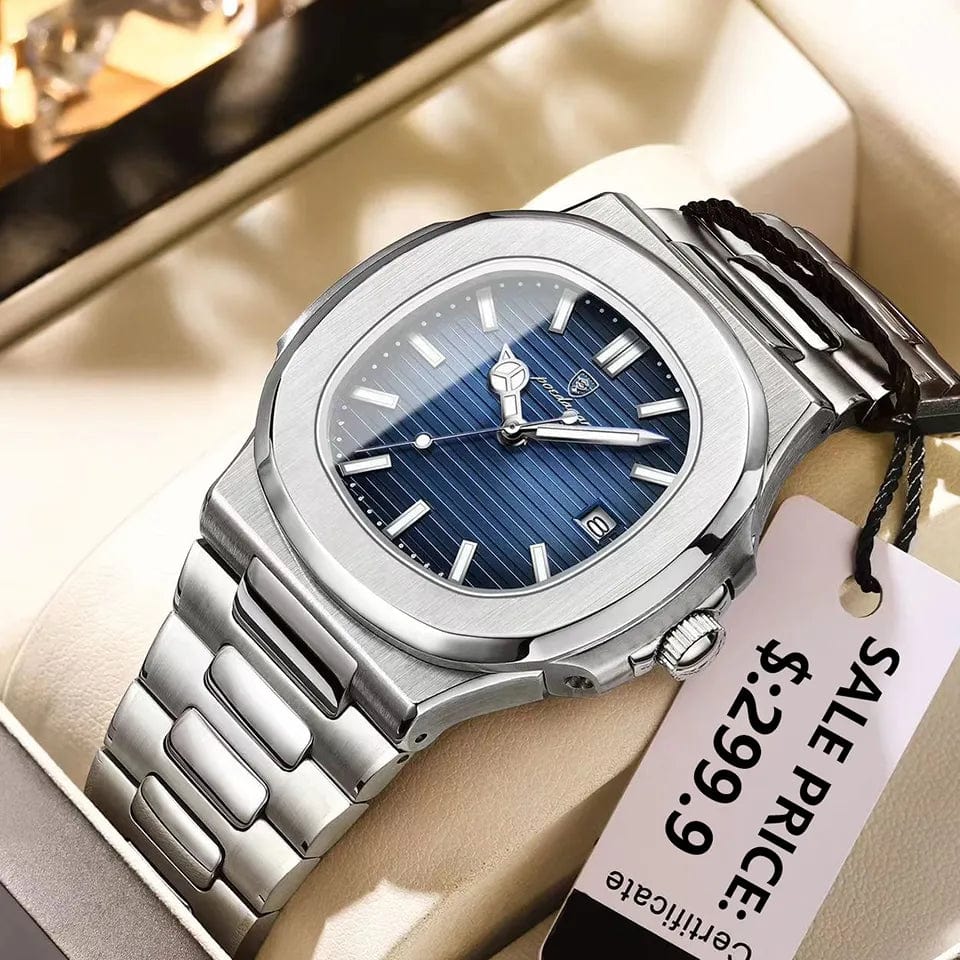 Planet Gates Silver Blue POEDAGAR Casual Business Clock Men Luxury Watch Automatic Watches Mens Waterproof Fashion Quartz Wristwatches Reloj Hombre 613