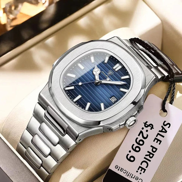 Planet Gates Silver Blue POEDAGAR Casual Business Clock Men Luxury Watch Automatic Watches Mens Waterproof Fashion Quartz Wristwatches Reloj Hombre 613