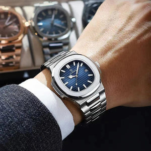Planet Gates Silver Blue POEDAGAR Casual Business Clock Men Luxury Watch Automatic Watches Mens Waterproof Fashion Quartz Wristwatches Reloj Hombre 613