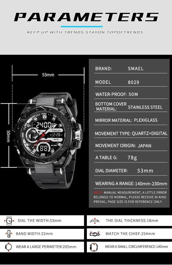 Planet Gates SILVER / China SMAEL Brand Sport Watches 50M Wateproof Dual Time Display Watches LED 8029 Stopwatches Alarm Multifunctional Men's Wristwatches