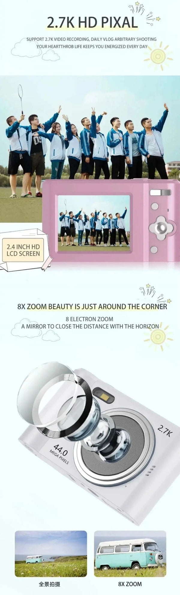 Planet Gates Silver Digital Camera Autofocus Camera for Kids Toys Camcorder with 8x Zoom Compact Cameras 1080P Cameras for Beginner Photography