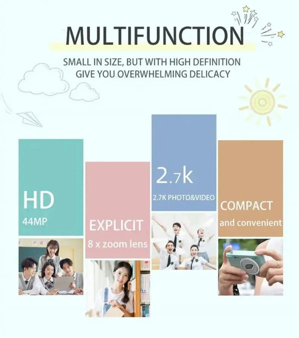 Planet Gates Silver Digital Camera Autofocus Camera for Kids Toys Camcorder with 8x Zoom Compact Cameras 1080P Cameras for Beginner Photography