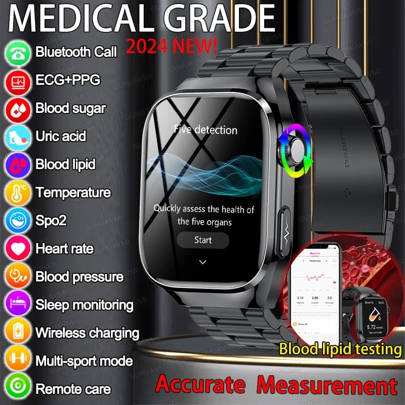 Planet Gates Silver / Medical grade For HUAWEI Xiaomi New Uric Acid Blood Fat Smartwatch ECG Blood Glucose Heart Rate Blood Pressure Health Monitoring Smart Watch