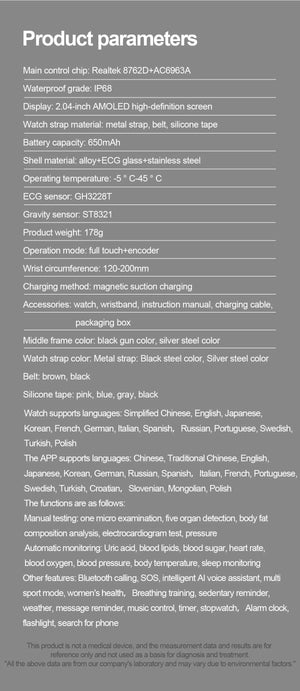 Planet Gates Silver / Medical grade For HUAWEI Xiaomi New Uric Acid Blood Fat Smartwatch ECG Blood Glucose Heart Rate Blood Pressure Health Monitoring Smart Watch