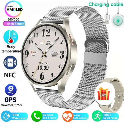 Planet Gates Silver Mesh belt 2024 New Smart Watch 24H Heart rate Health Monitor NFC GPS Tracker IP68 Sport Watch Men Women For Galaxy Watch 6 Smart watches