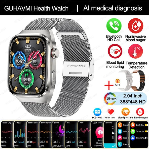 Planet Gates Silver Mesh Belt 2A / Medical grade 2024 New Uric Acid Blood Fat Smartwatch ECG Blood Glucose Heart Rate Blood Pressure Health Monitoring Smart Watch For HUAWEI IOS