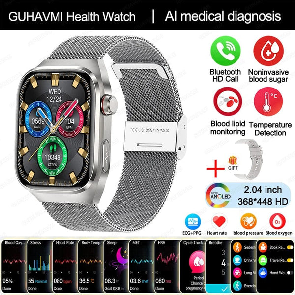 Planet Gates Silver Mesh Belt / Medical grade 2024 New Uric Acid Blood Fat Smartwatch ECG Blood Glucose Heart Rate Blood Pressure Health Monitoring Smart Watch For HUAWEI IOS