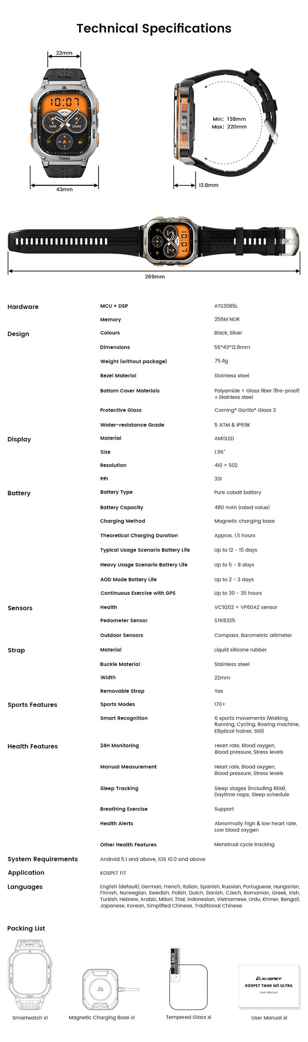 Planet Gates Silver n Film / CHINA 2024 Original KOSPET TANK M3 Ultra GPS Smart Watches For Men Women Smartwatch AOD Electronic Military Rugged Waterproof Watch