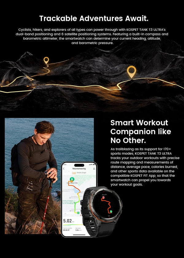 Planet Gates Silver n Film / CHINA 2024 Original KOSPET TANK T3 Ultra GPS Smartwatch Mens Rugged Smart Watches Women Military Electronic Waterproof Digital Watch